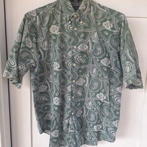 Vintage Nautica Men L Green Cotton  Short Sleeve Button Up Paisley Print Shirt
